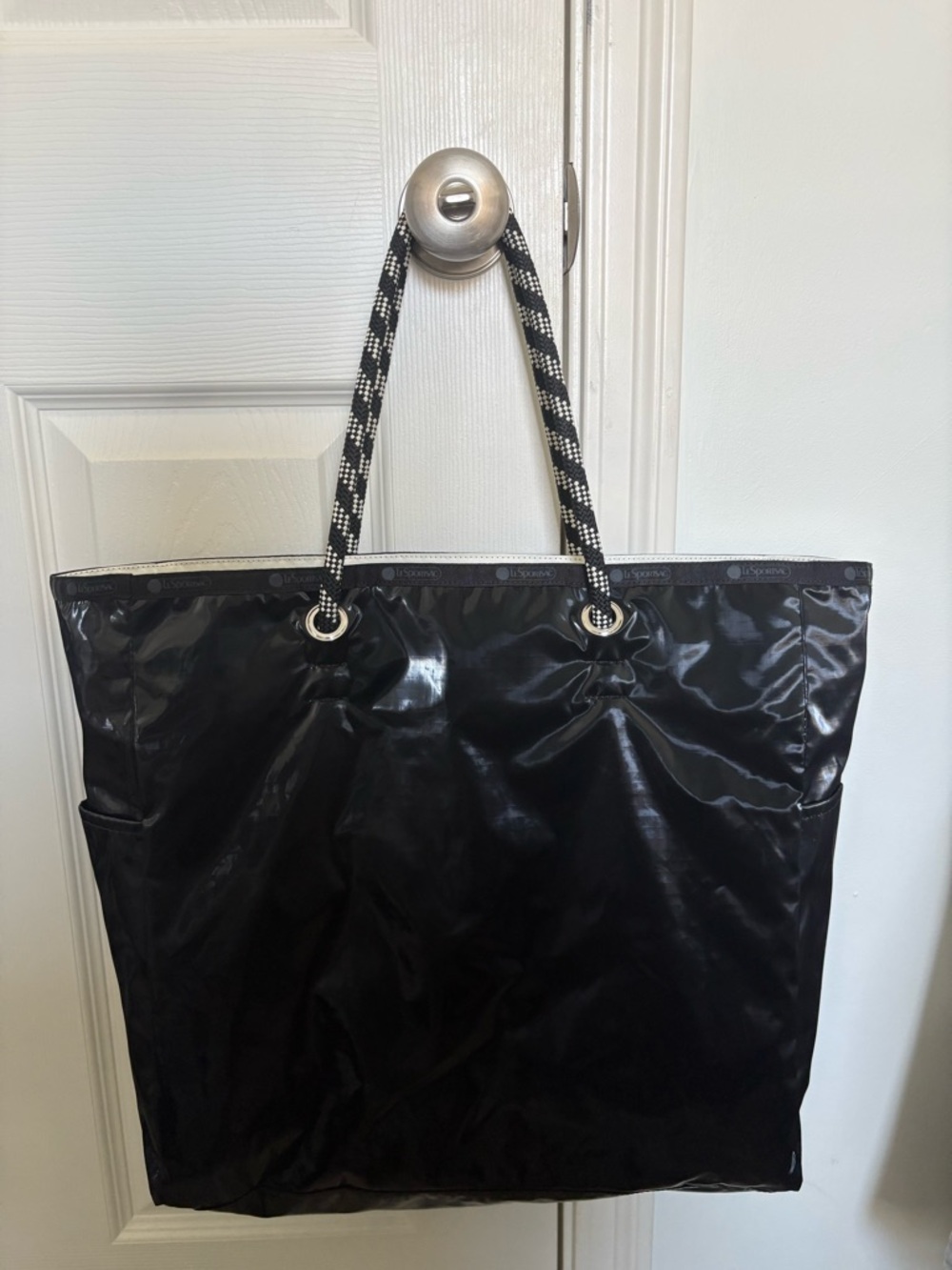 LeSportsac Black Glossy Tote Bag with Braided Handles - reversible!